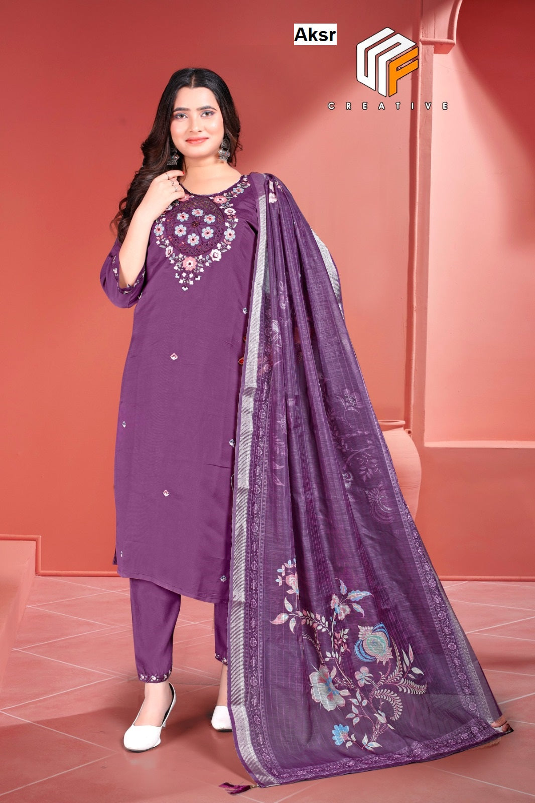 Creative Aksr Roman Silk Readymade Pant Style Suits Manufacturer Ahmedabad