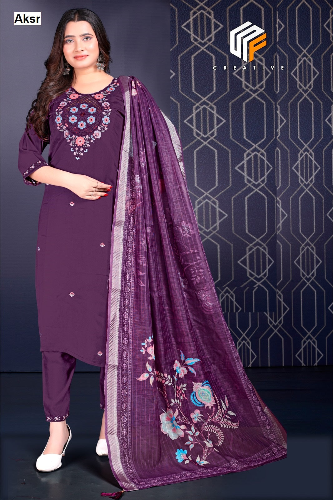 Creative Aksr Roman Silk Readymade Pant Style Suits Manufacturer Ahmedabad