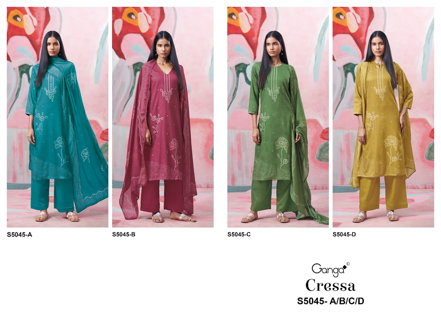 Cressa S5045 Ganga Cotton Satin Plazzo Style Suits Wholesale Rate