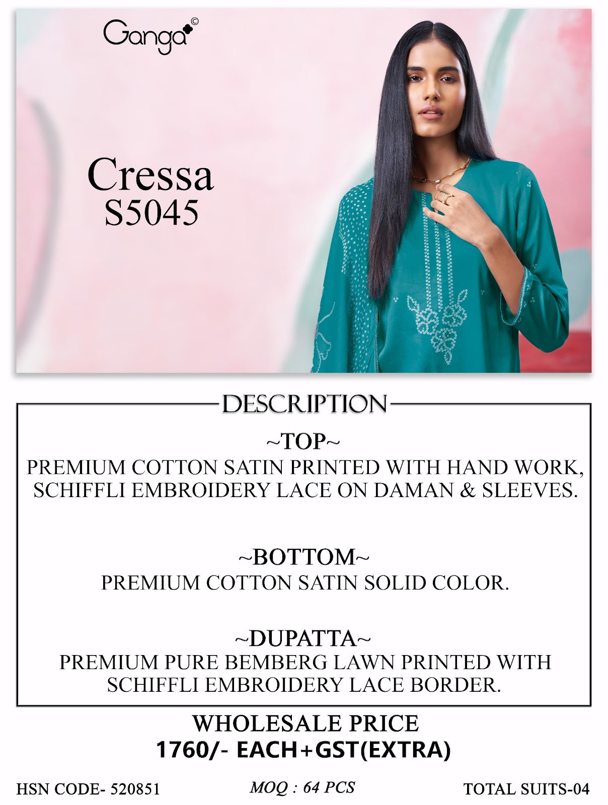 Cressa S5045 Ganga Cotton Satin Plazzo Style Suits Wholesale Rate
