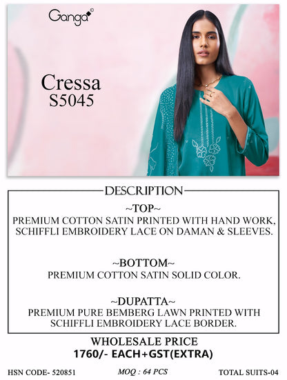 Cressa S5045 Ganga Cotton Satin Plazzo Style Suits Wholesale Rate