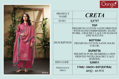 Creta 3797 Ganga Premium Cotton Plazzo Style Suits Manufacturer Ahmedabad