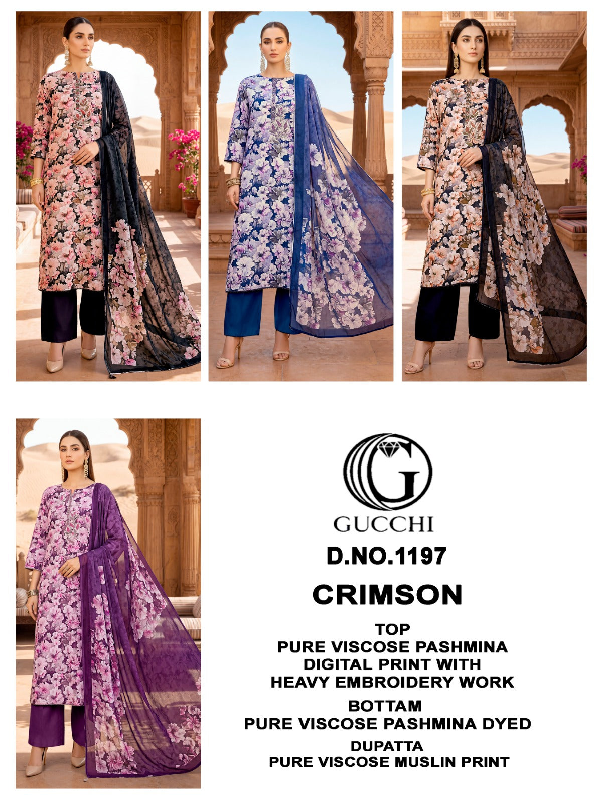 Crimson 1197 Gucchi Viscose Pashmina Suits Supplier