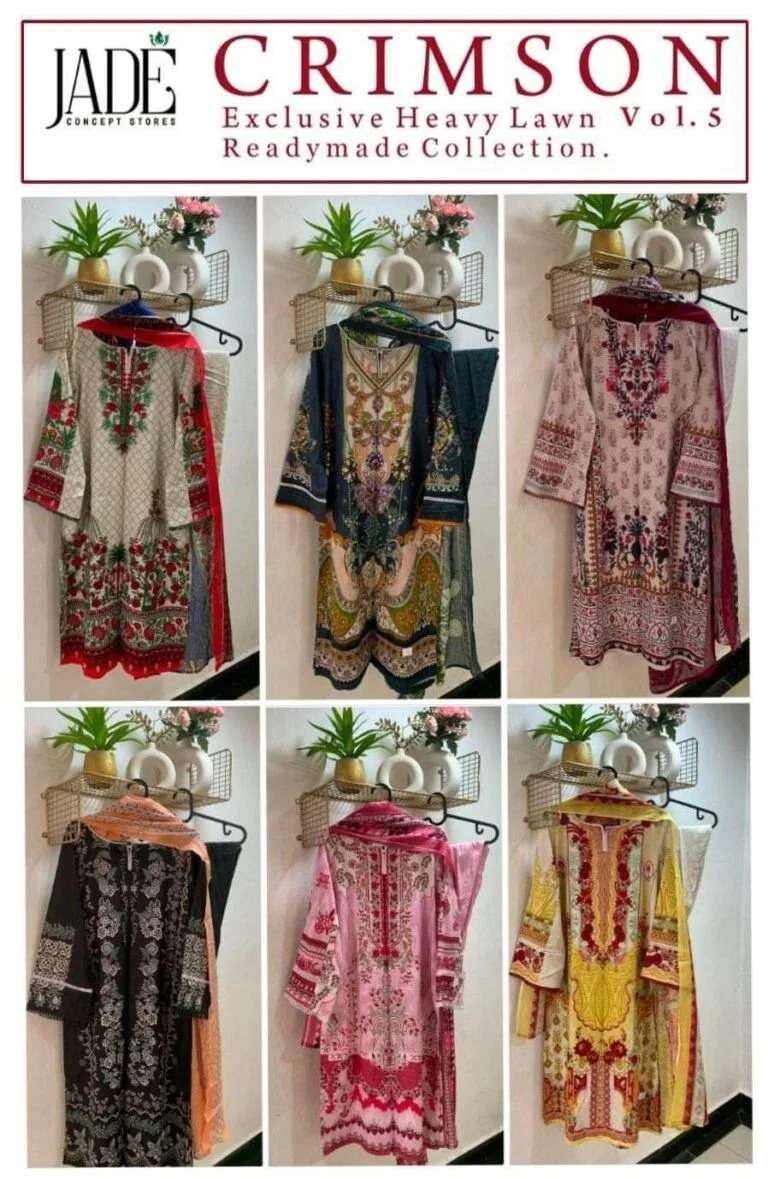 Crimson Vol 5 Exclusive Heavy Lawn Jade Cotton Karachi Readymade Suits Wholesaler