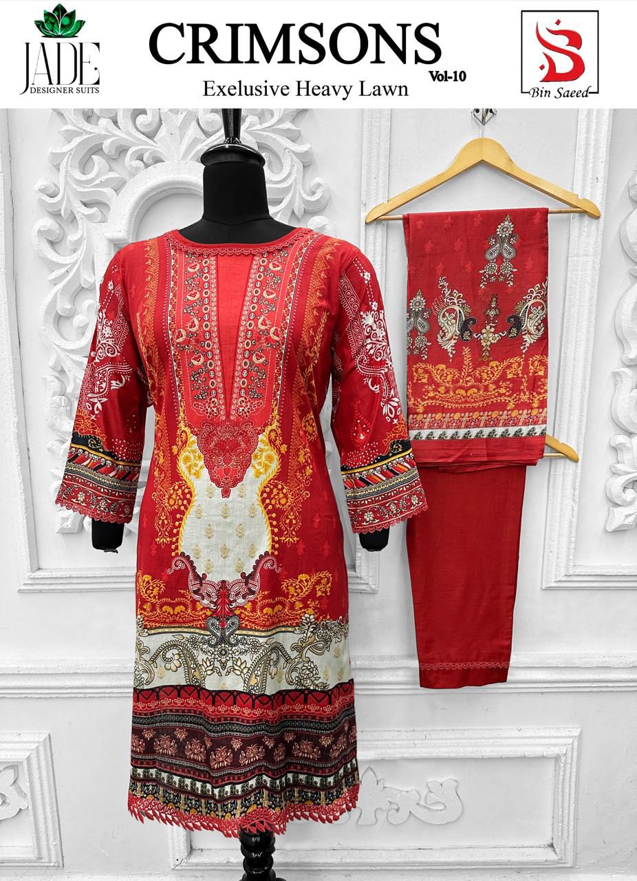 Crimsons Vol 10 Heavy Lawn Bin Saeed Jade Cotton Karachi Readymade Suits Wholesaler India