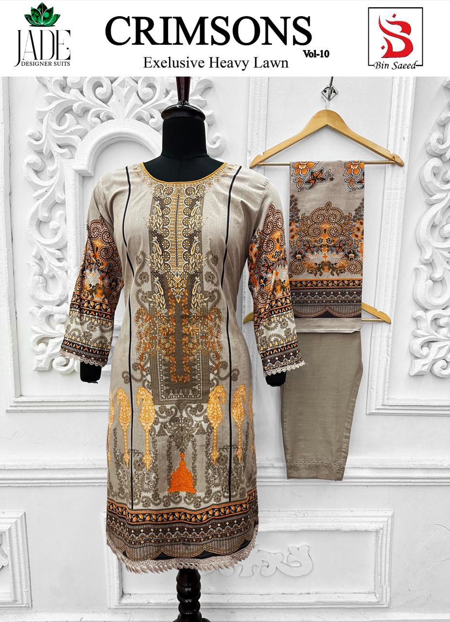 Crimsons Vol 10 Heavy Lawn Bin Saeed Jade Cotton Karachi Readymade Suits Wholesaler India