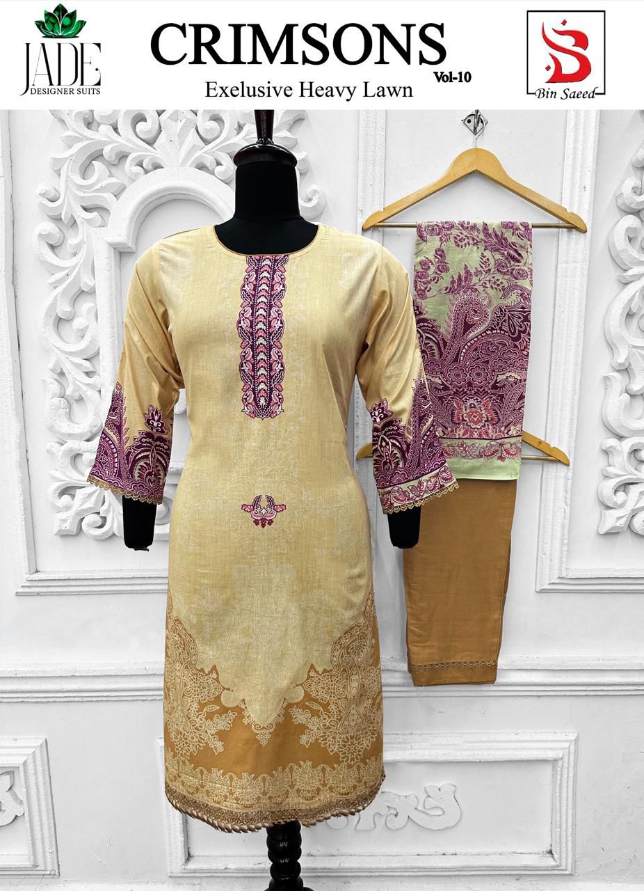 Crimsons Vol 10 Heavy Lawn Bin Saeed Jade Cotton Karachi Readymade Suits Wholesaler India