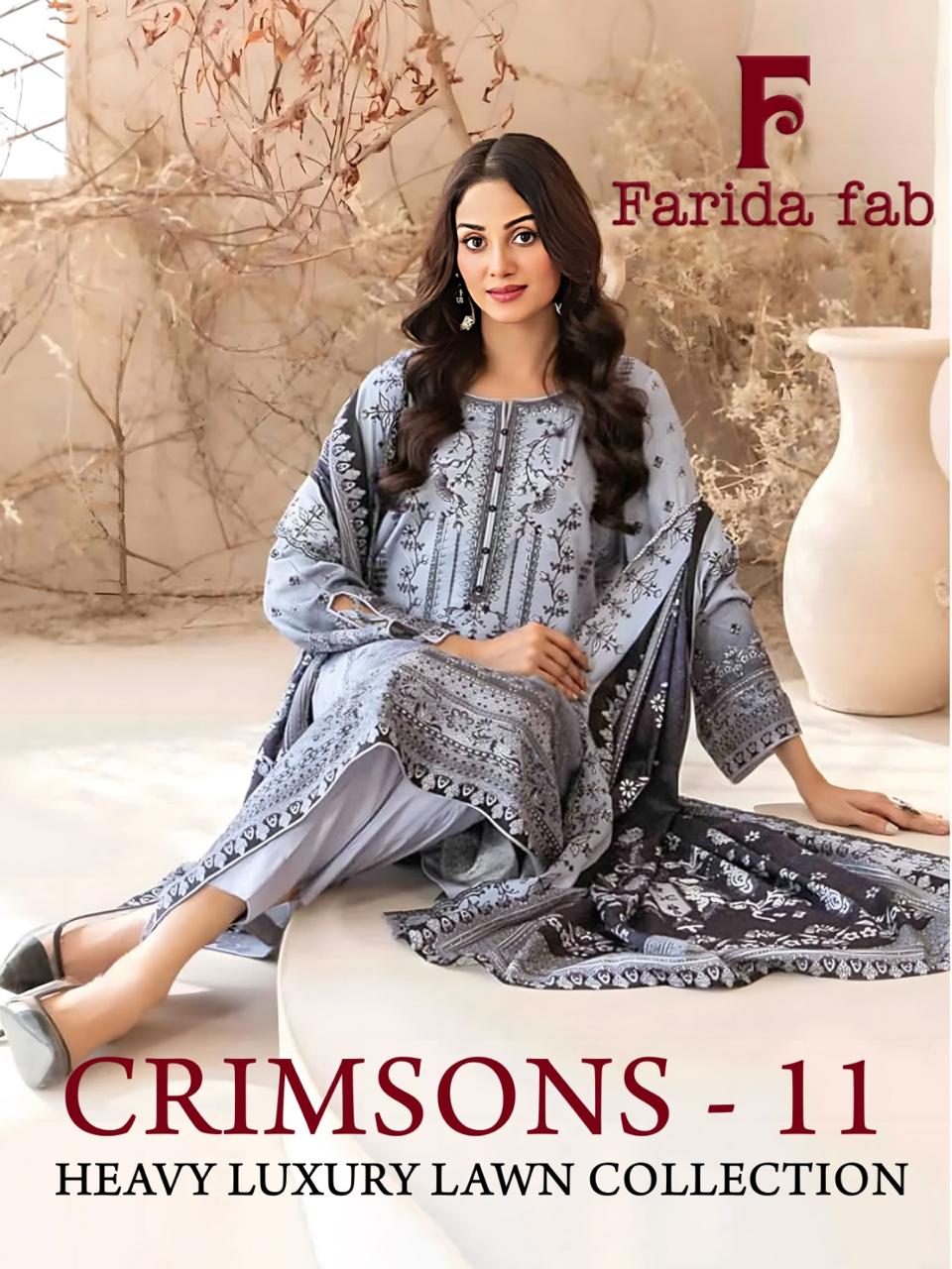 Crimsons Vol 11 Heavy Luxury Lawn Collection Farida Fab Pure Cotton Karachi Salwar Suits Supplier