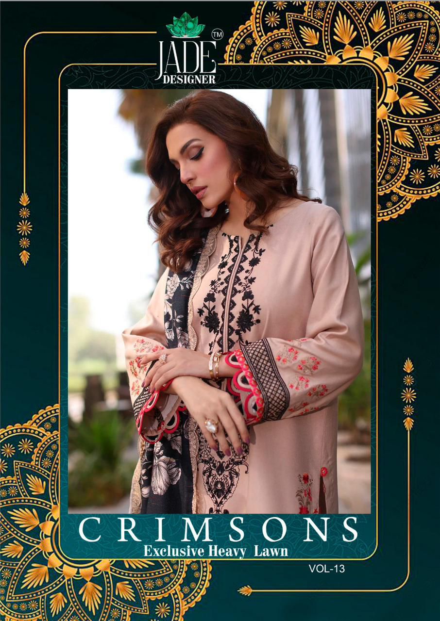 Crimsons Vol 13 Heavy Lawn Jade Designer Karachi Salwar Suits Wholesaler Gujarat