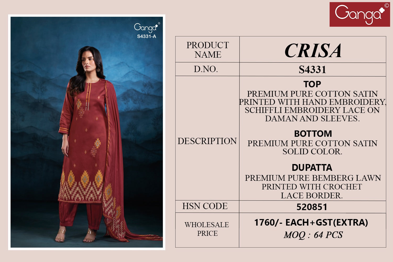 Crisa 4331 Ganga Cotton Satin Plazzo Style Suits Manufacturer Ahmedabad