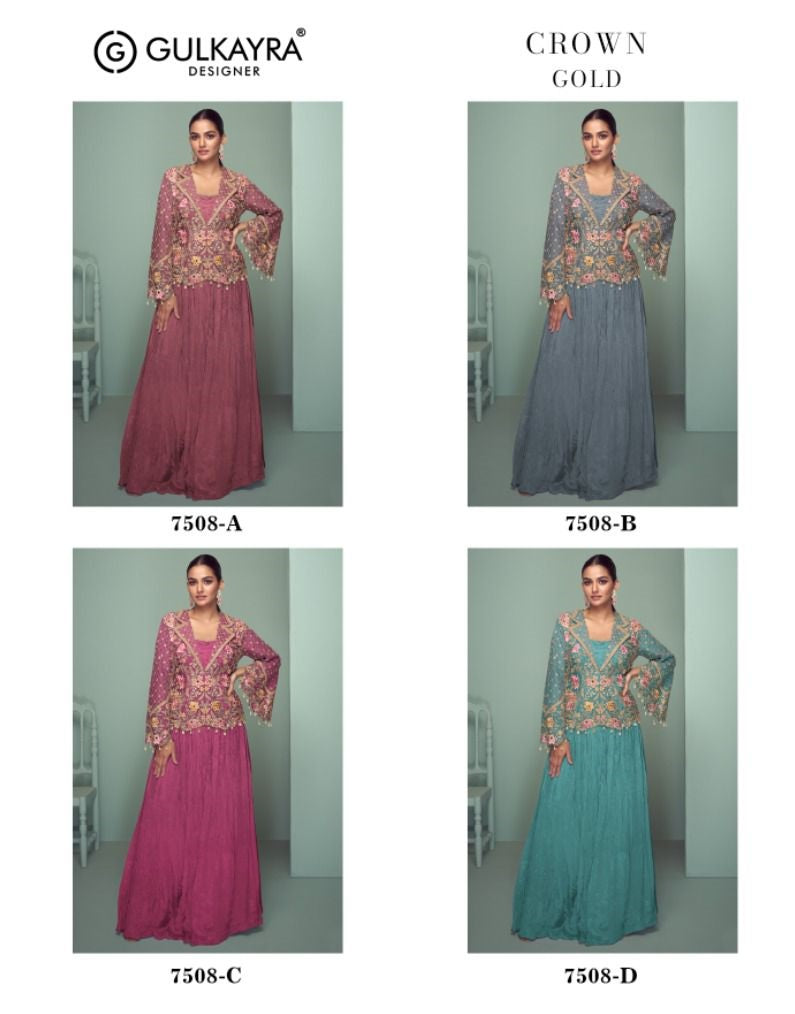 Crown Gold Gulkayra Designer Chinon Readymade Suits Supplier India