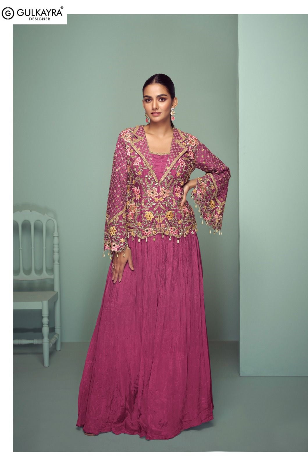 Crown Gold Gulkayra Designer Chinon Readymade Suits Supplier India