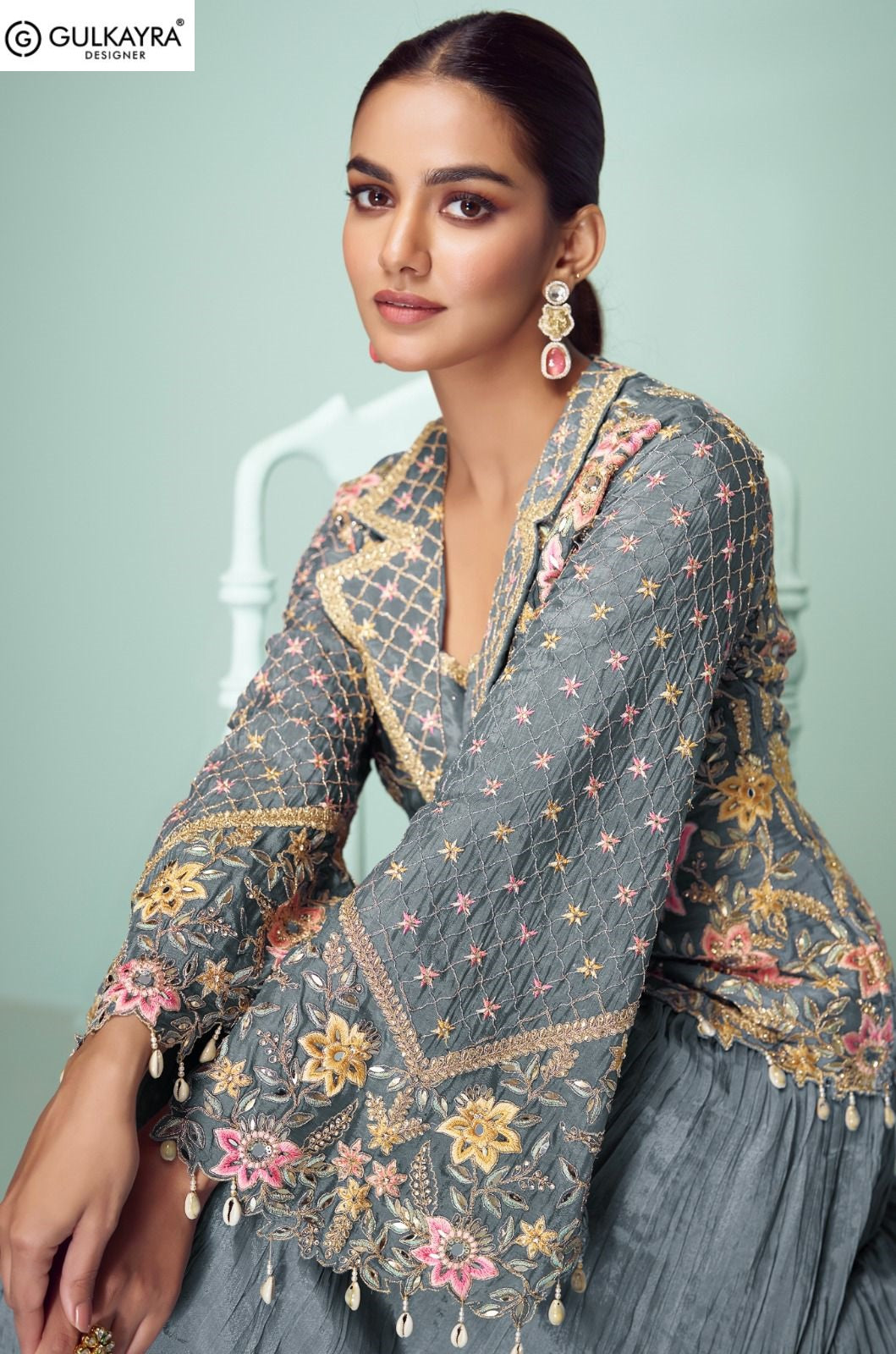 Crown Gold Gulkayra Designer Chinon Readymade Suits Supplier India
