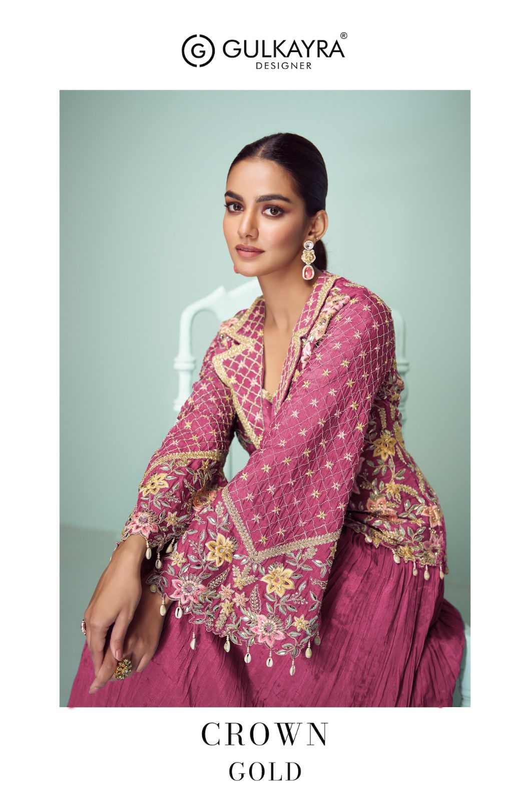Crown Gold Gulkayra Designer Chinon Readymade Suits Supplier India