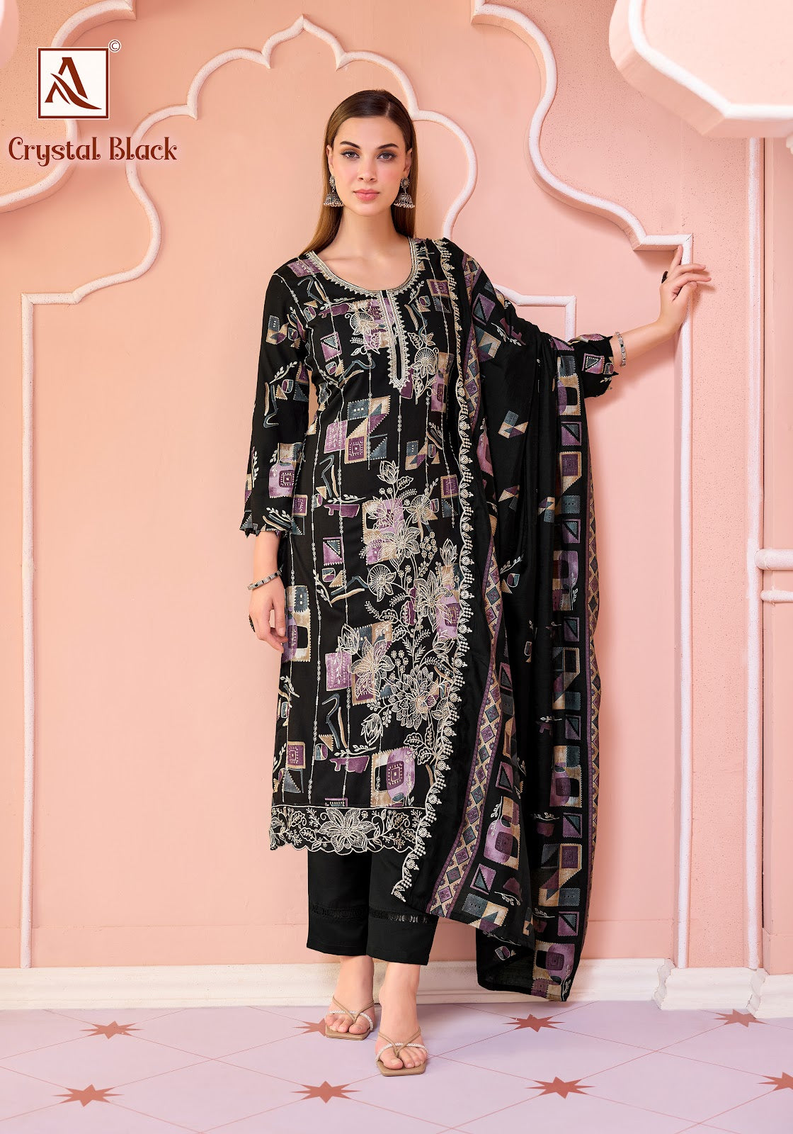 Crystal Black Alok Viscose Reyon Karachi Salwar Suits Wholesale