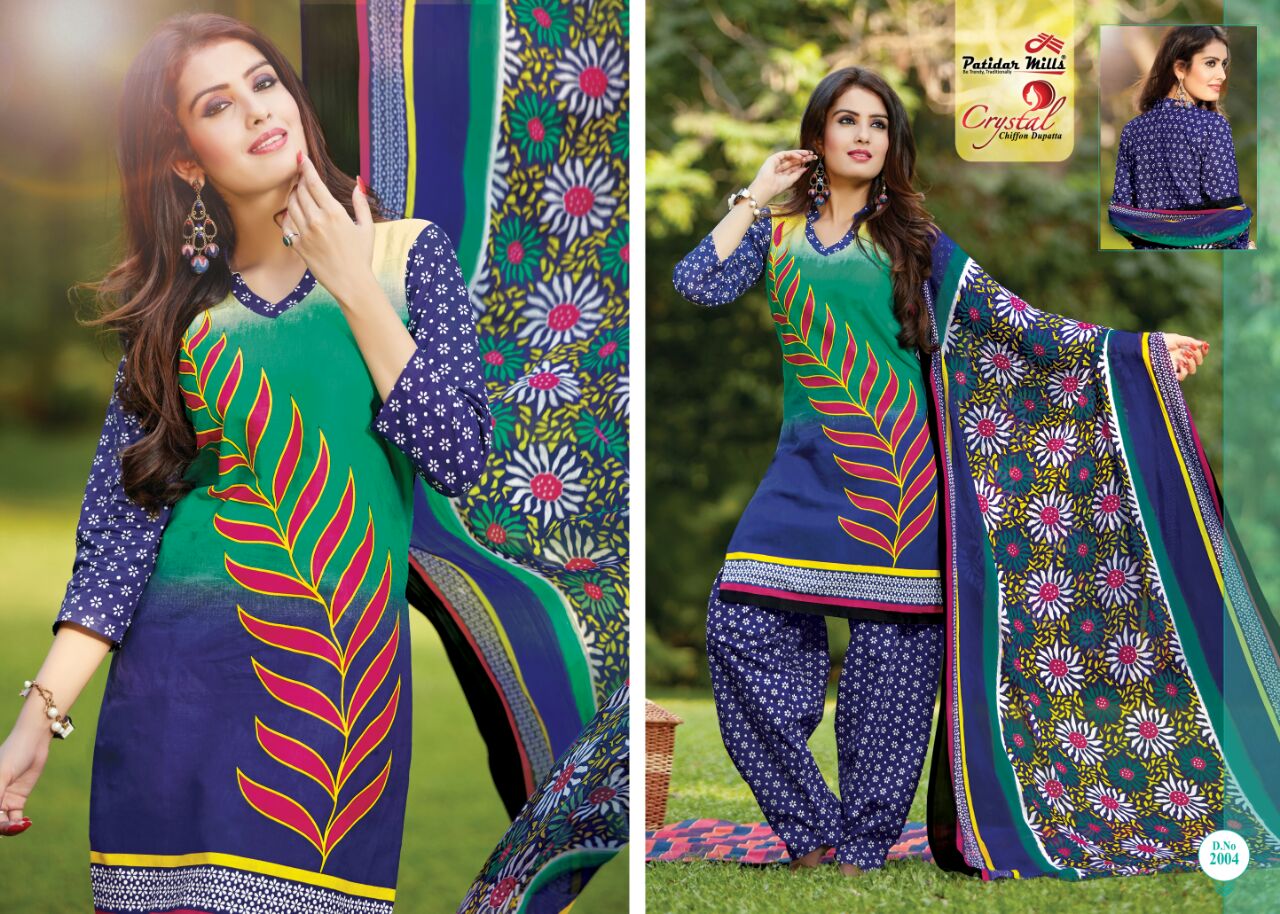 Crystal Vol 2 Patidar Mills Cotton Dress Material Chiffon Dupatta Wholesale Rate