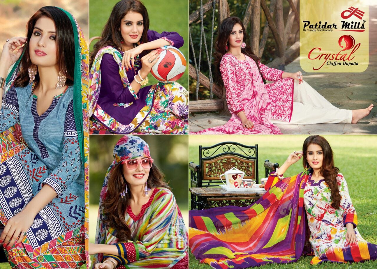 Crystal Vol 2 Patidar Mills Cotton Dress Material Chiffon Dupatta Wholesale Rate