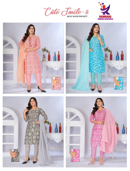 Cute Smile 5 Mlm Kalash Lifestyle Two Tone Rayon Readymade Pant Style Suits Supplier