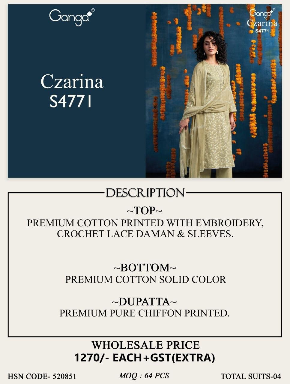Czarina 4771 Ganga Cotton Plazzo Style Suits Supplier India