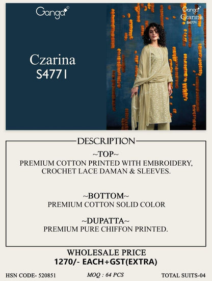 Czarina 4771 Ganga Cotton Plazzo Style Suits Supplier India