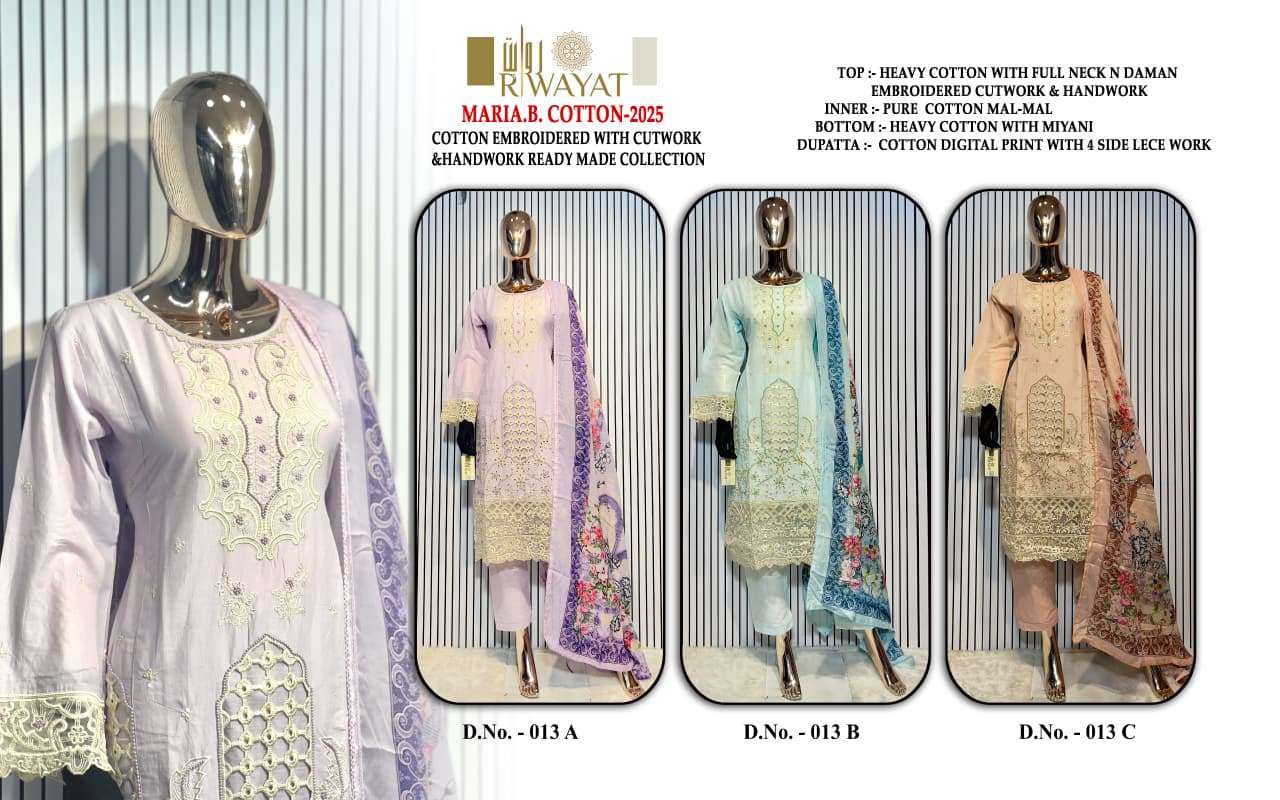 D No 013 Riwayat Heavy Cotton Pakistani Readymade Suits Manufacturer India