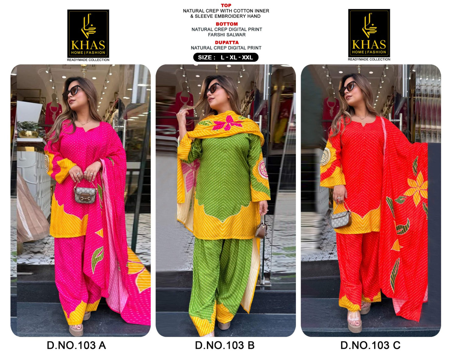 D No 103 Khas Natural Crape Pakistani Readymade Suits Supplier India