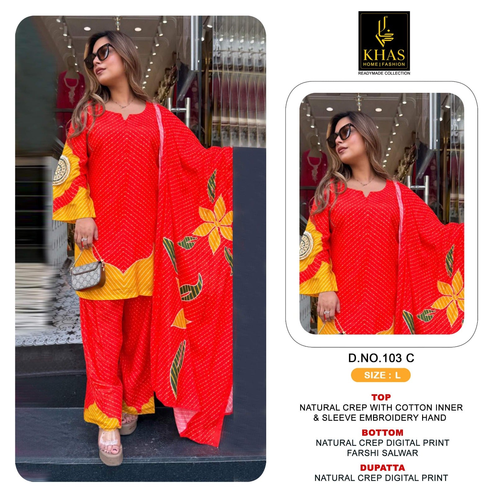 D No 103 Khas Natural Crape Pakistani Readymade Suits Supplier India