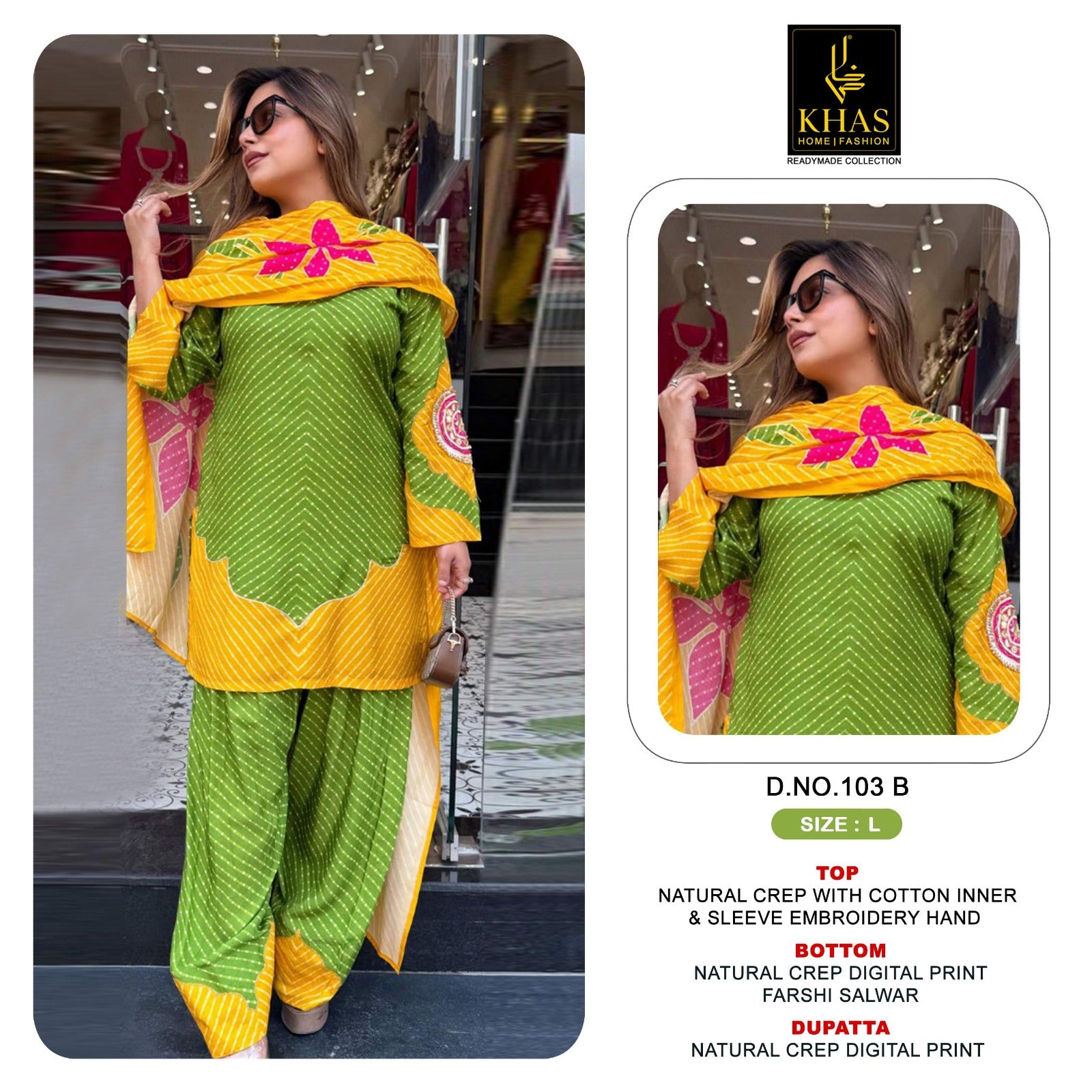 D No 103 Khas Natural Crape Pakistani Readymade Suits Supplier India