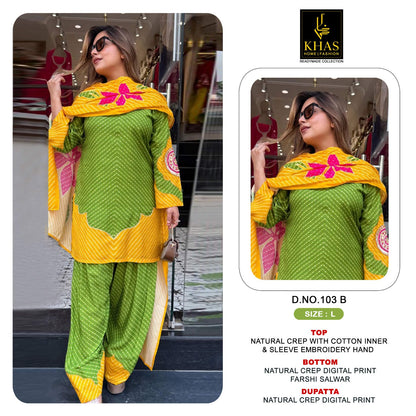 D No 103 Khas Natural Crape Pakistani Readymade Suits Supplier India