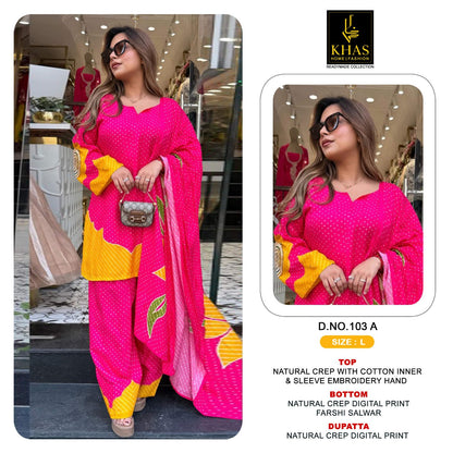 D No 103 Khas Natural Crape Pakistani Readymade Suits Supplier India