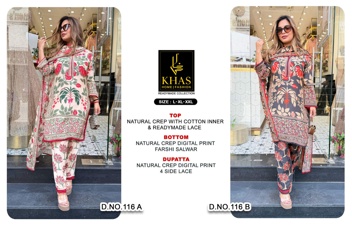 D No 116 Khas Natural Crape Pakistani Readymade Suits Wholesale