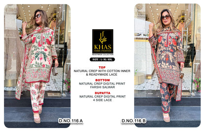 D No 116 Khas Natural Crape Pakistani Readymade Suits Wholesale