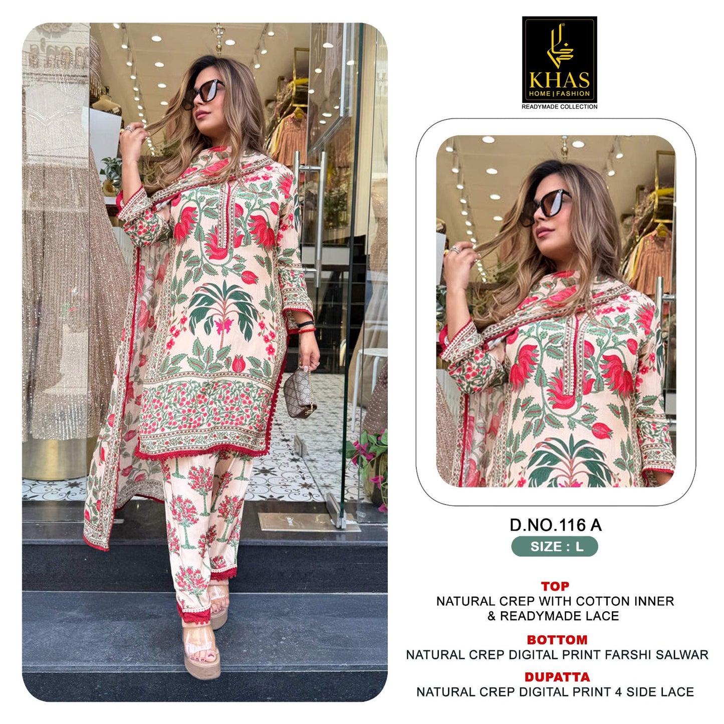 D No 116 Khas Natural Crape Pakistani Readymade Suits Wholesale