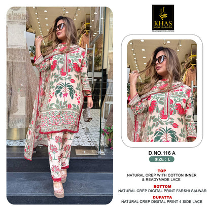 D No 116 Khas Natural Crape Pakistani Readymade Suits Wholesale