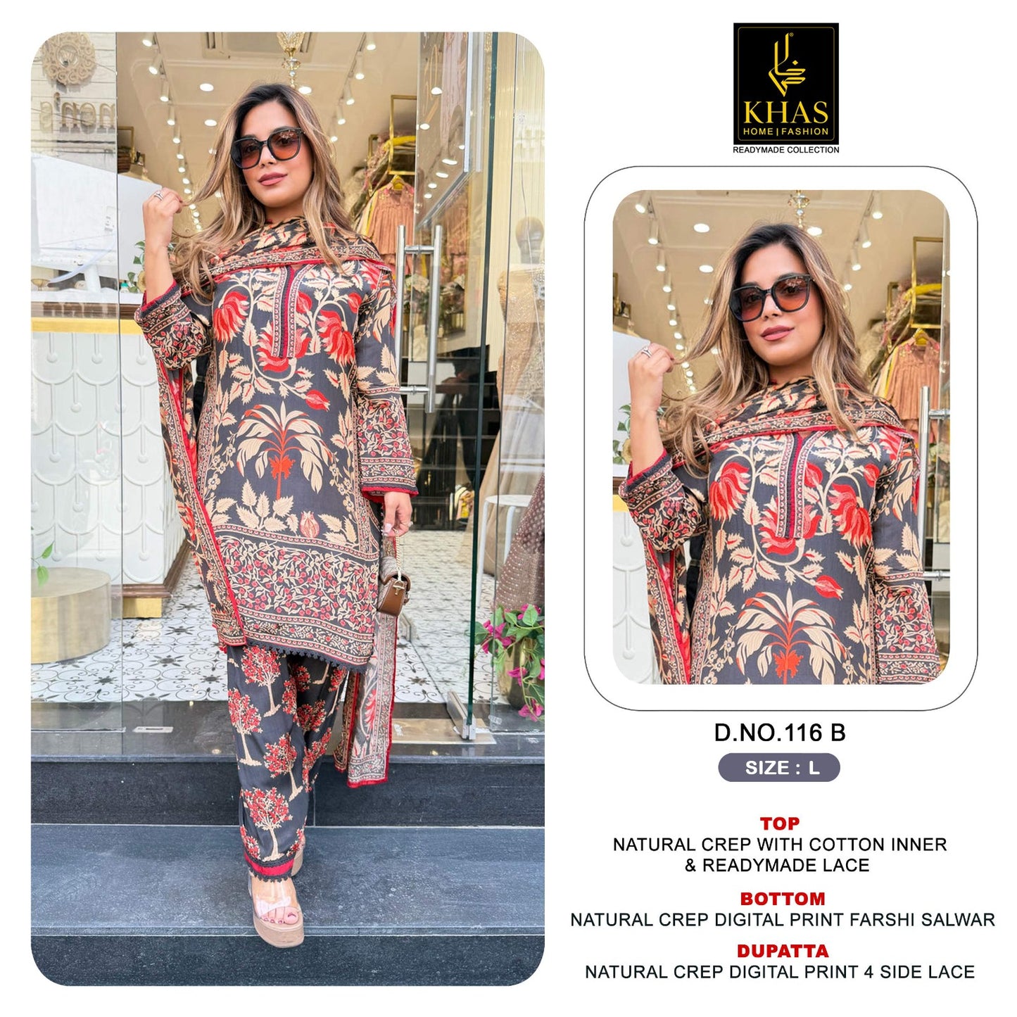 D No 116 Khas Natural Crape Pakistani Readymade Suits Wholesale