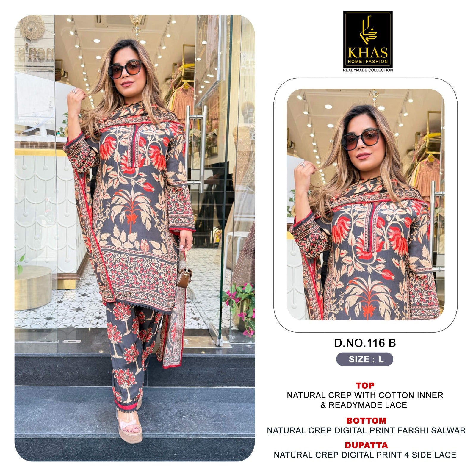 D No 116 Khas Natural Crape Pakistani Readymade Suits Wholesale