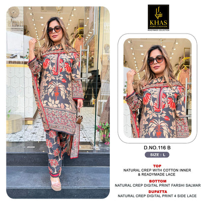 D No 116 Khas Natural Crape Pakistani Readymade Suits Wholesale