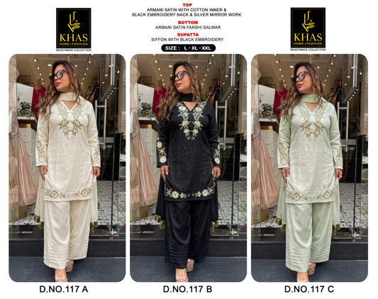 D No 117 Khas Armani Satin Pakistani Readymade Suits Wholesale