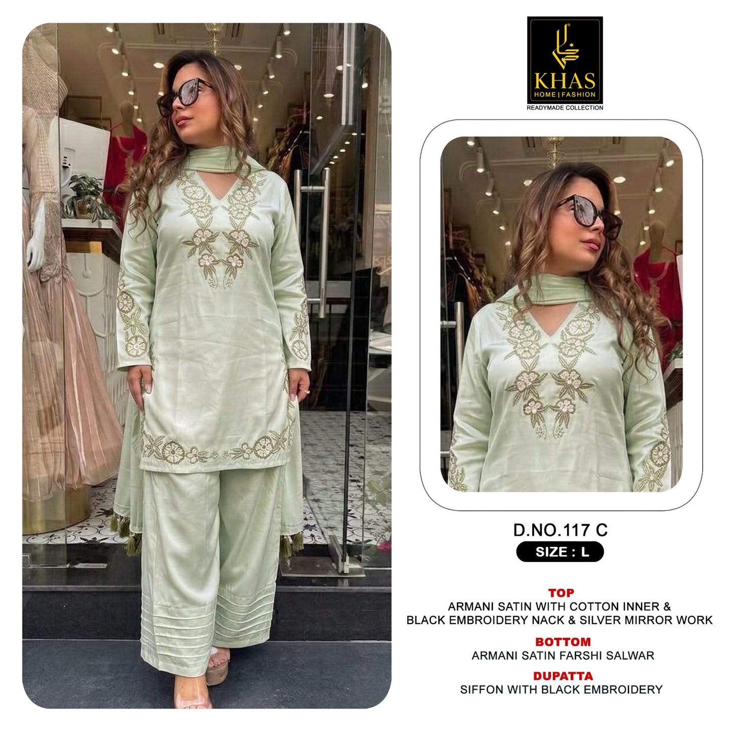 D No 117 Khas Armani Satin Pakistani Readymade Suits Wholesale