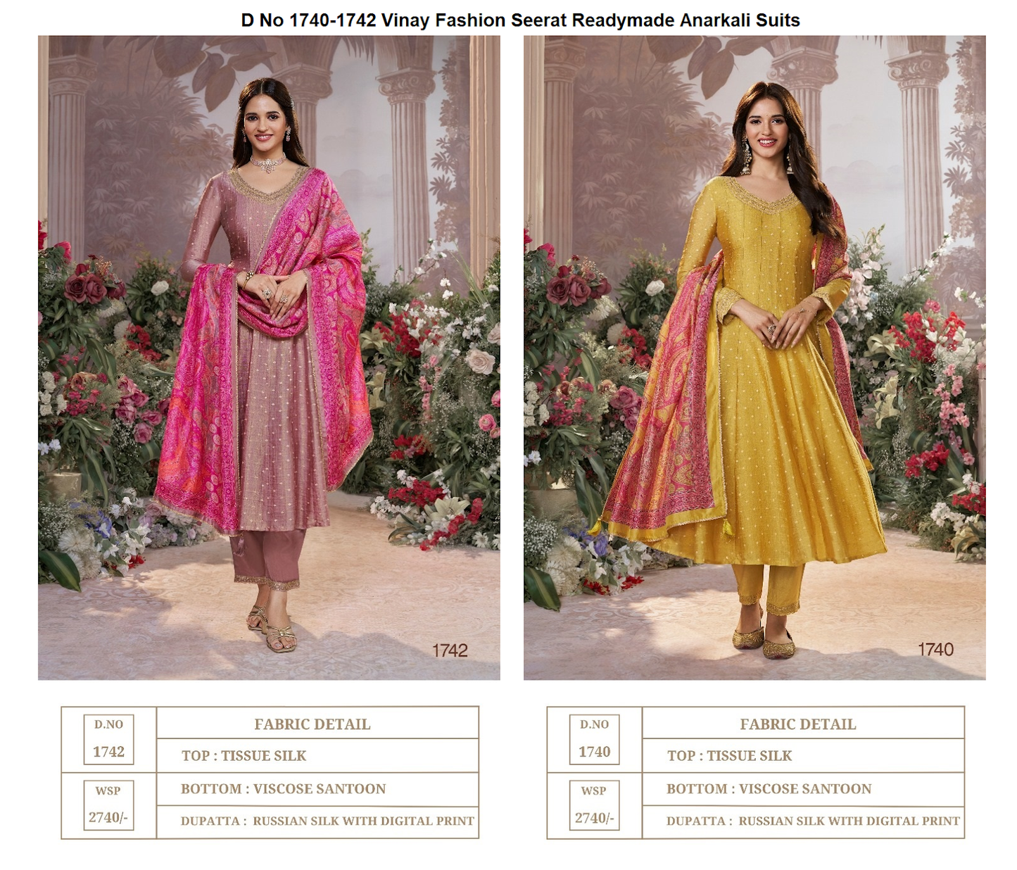 D No 1740-1742 Vinay Fashion Seerat Tissue Silk Readymade Anarkali Suits Supplier India