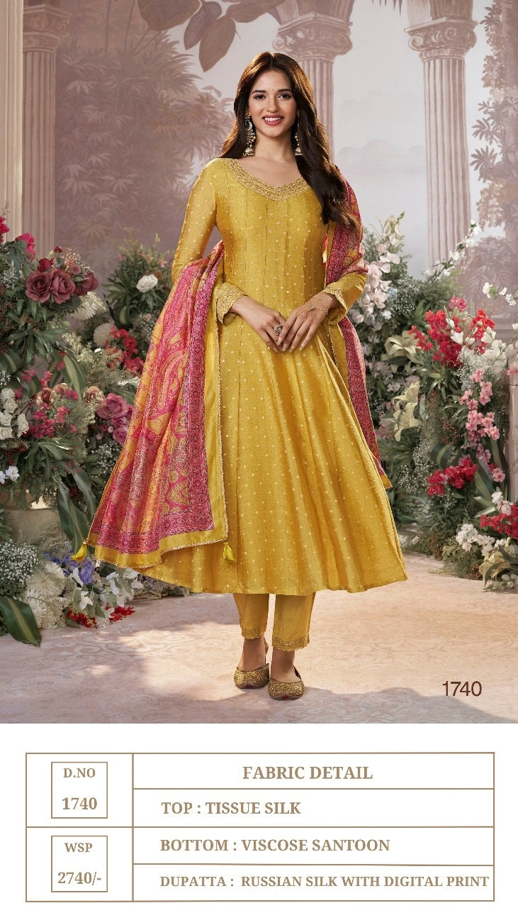 D No 1740-1742 Vinay Fashion Seerat Tissue Silk Readymade Anarkali Suits Supplier India