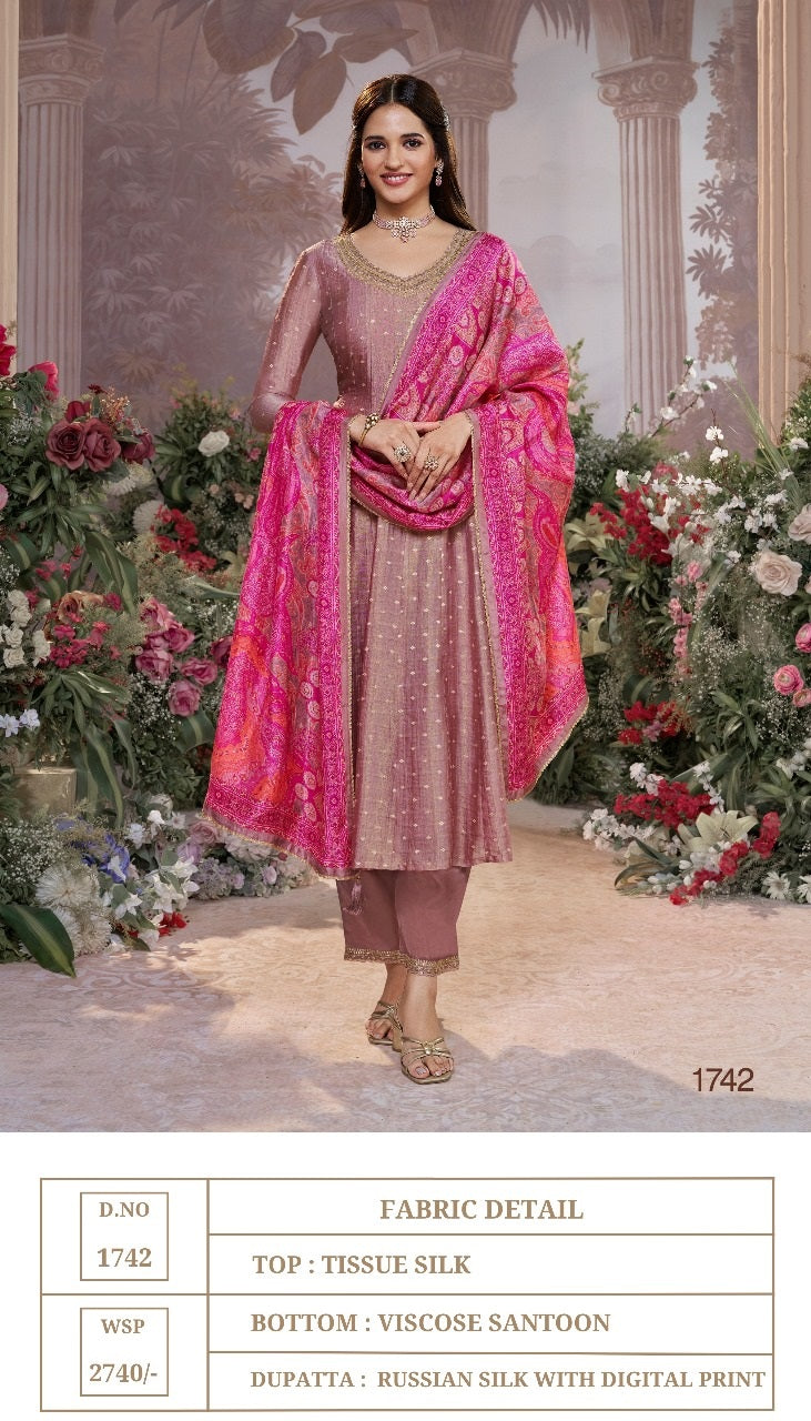 D No 1740-1742 Vinay Fashion Seerat Tissue Silk Readymade Anarkali Suits Supplier India