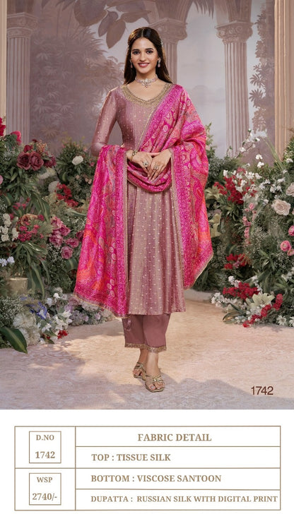 D No 1740-1742 Vinay Fashion Seerat Tissue Silk Readymade Anarkali Suits Supplier India