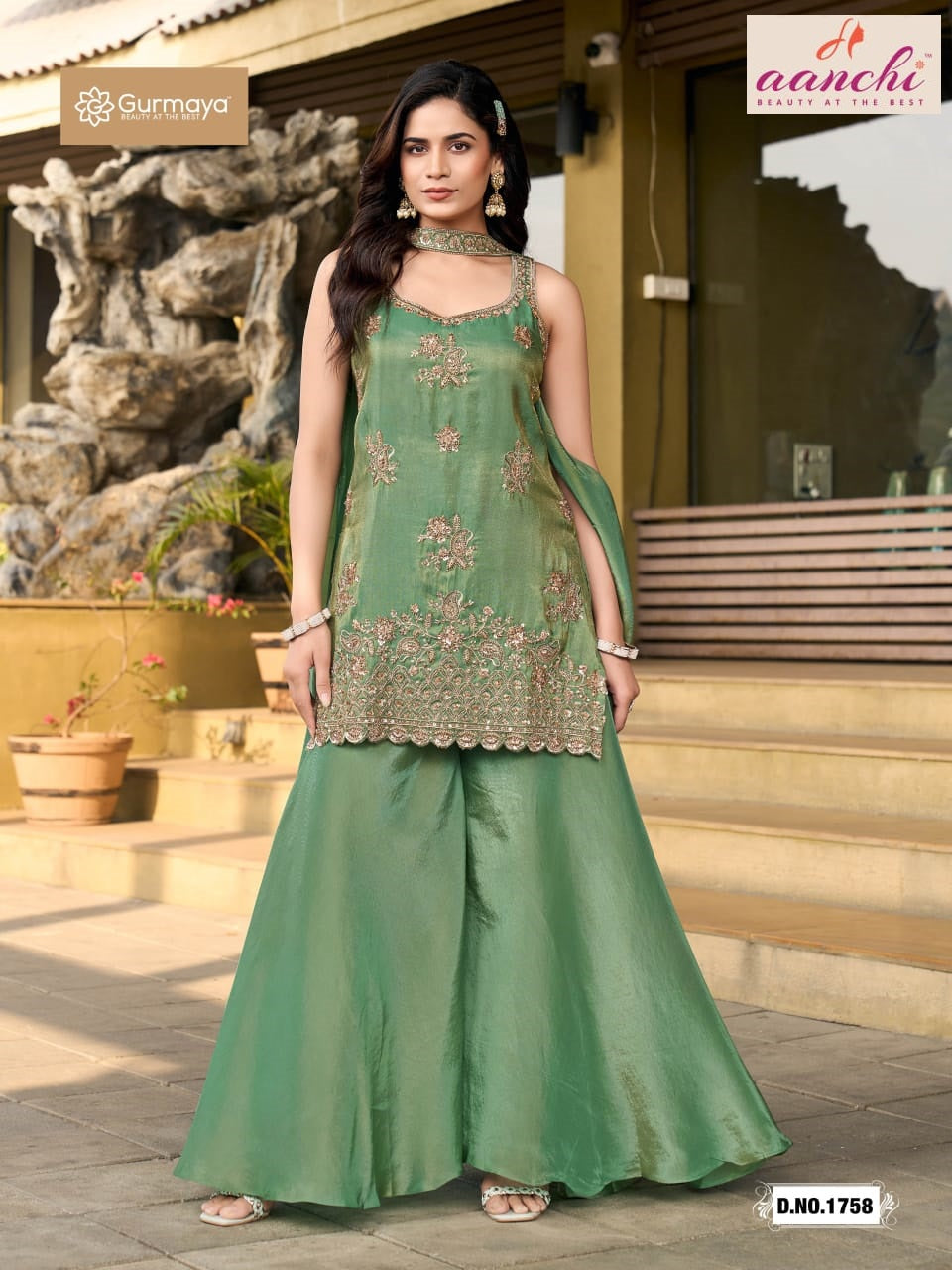 D No 1758 Gurmaya Aanchi Shimmer Tissue Readymade Suits Wholesale Price