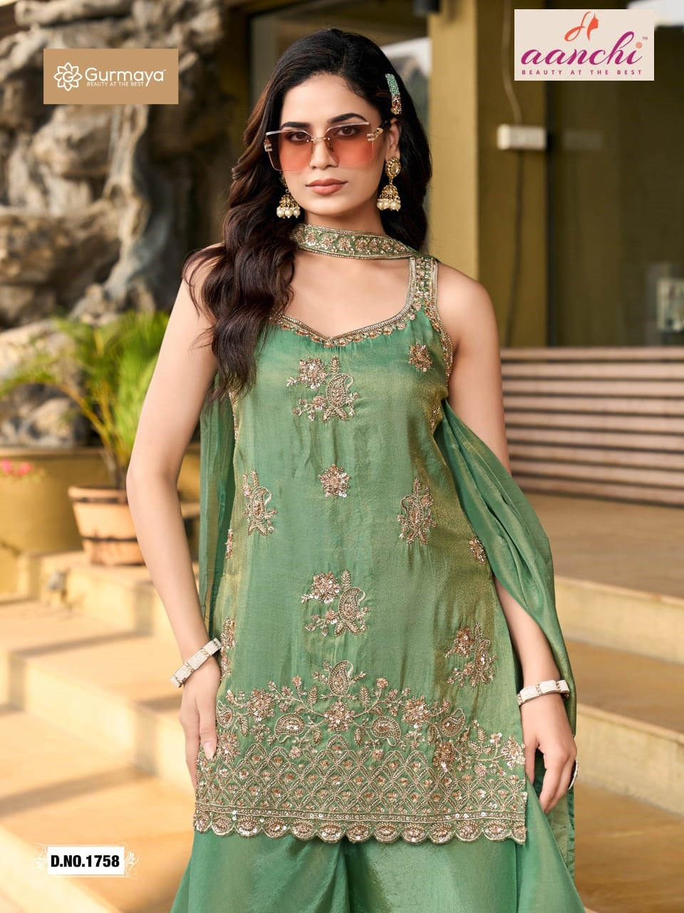 D No 1758 Gurmaya Aanchi Shimmer Tissue Readymade Suits Wholesale Price