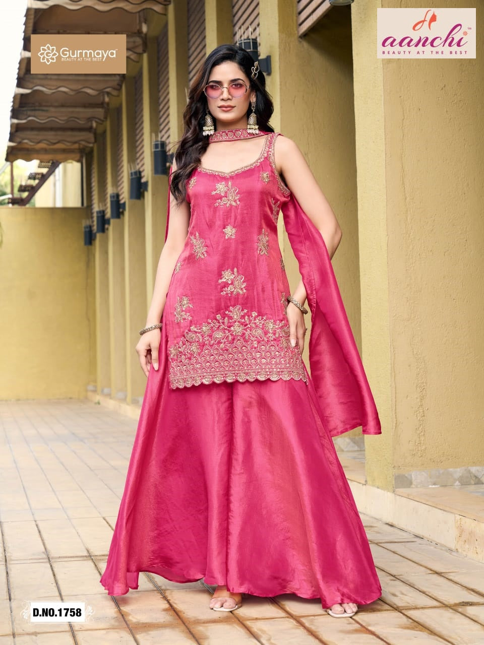 D No 1758 Gurmaya Aanchi Shimmer Tissue Readymade Suits Wholesale Price