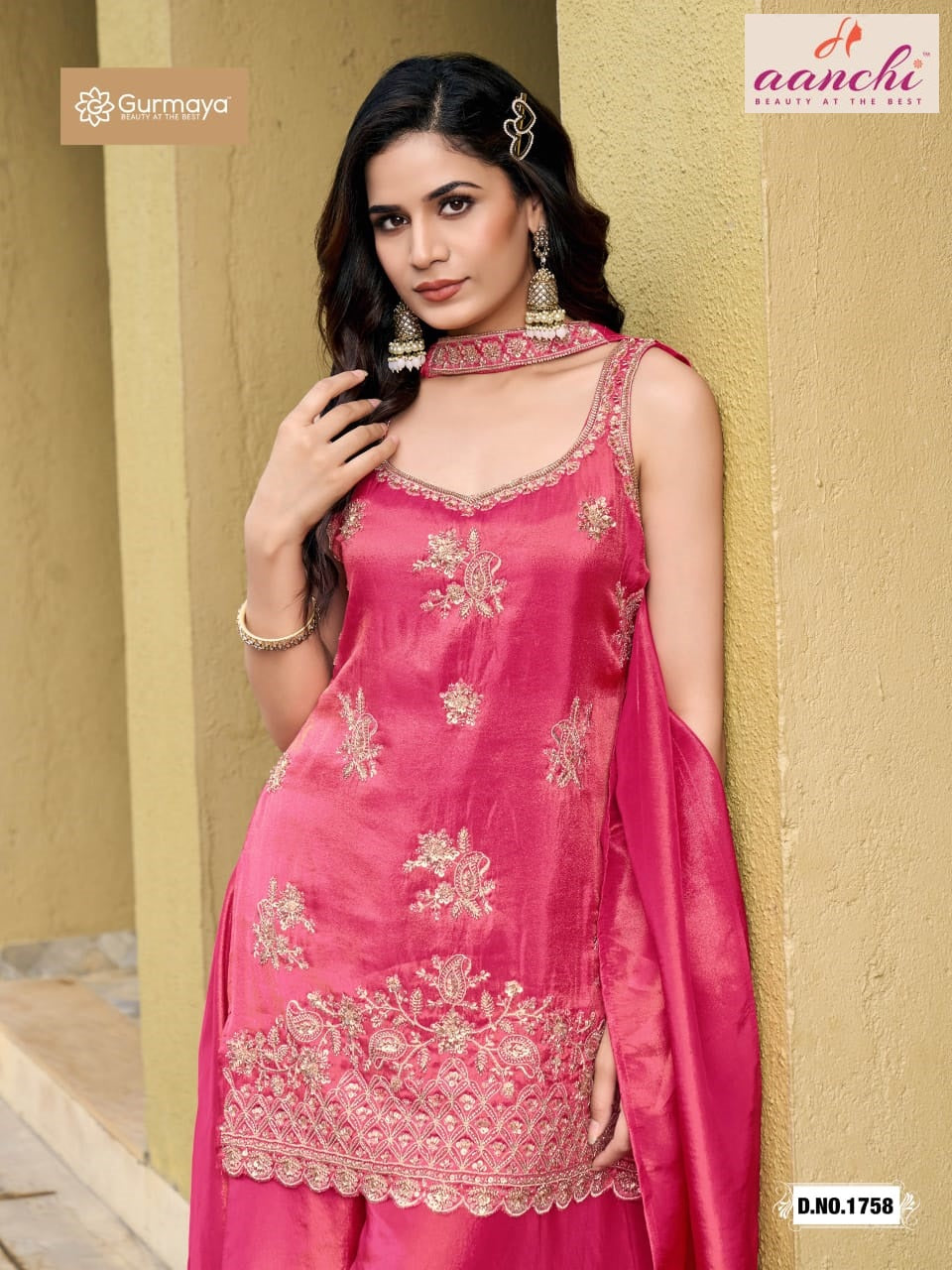 D No 1758 Gurmaya Aanchi Shimmer Tissue Readymade Suits Wholesale Price