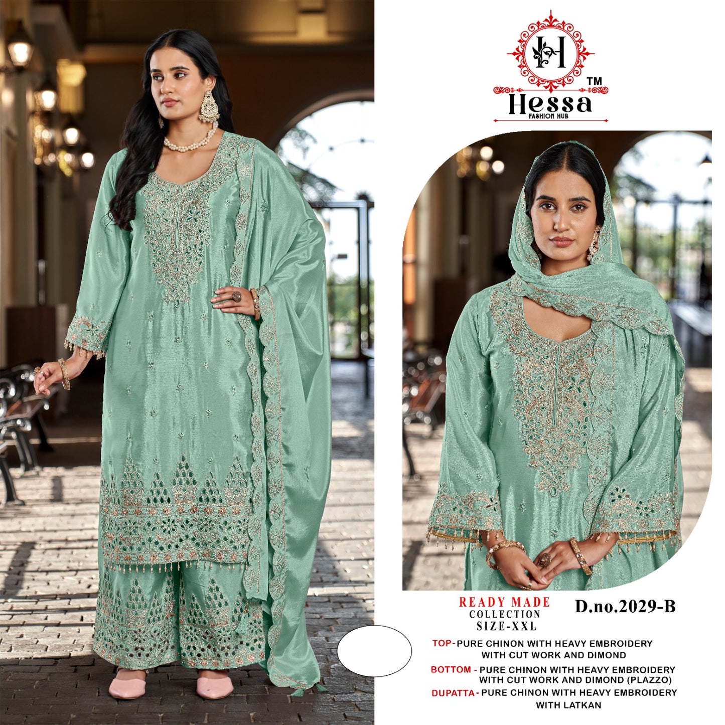D No 2029 Hessa Pure Chinnon Pakistani Readymade Suits Wholesaler India
