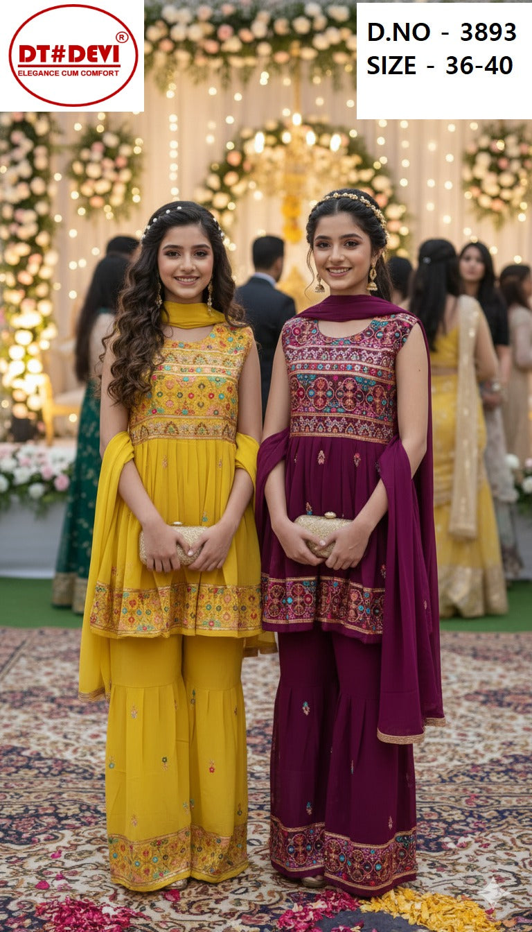 D No 3893 Dt Devi Georgette Girls Readymade Sharara Suits Wholesale Rate