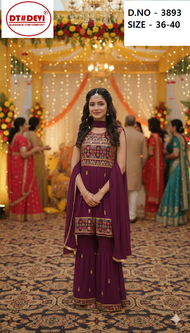 D No 3893 Dt Devi Georgette Girls Readymade Sharara Suits Wholesale Rate